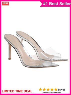 Pointed Open Toe Stiletto Heel Slide Sandals Patent Leather TPU Slip On Mules